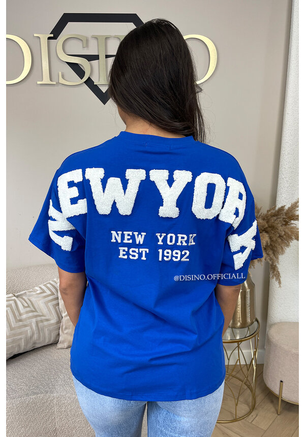 ROYAL BLUE - 'NY ON MY BACK TEE' - OVERSIZED TEDDY SLOGAN TEE NEW YORK