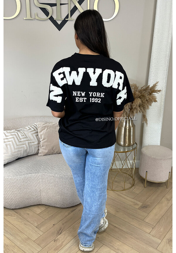 BLACK/WHITE - 'NY ON MY BACK TEE' - OVERSIZED TEDDY SLOGAN TEE NEW YORK