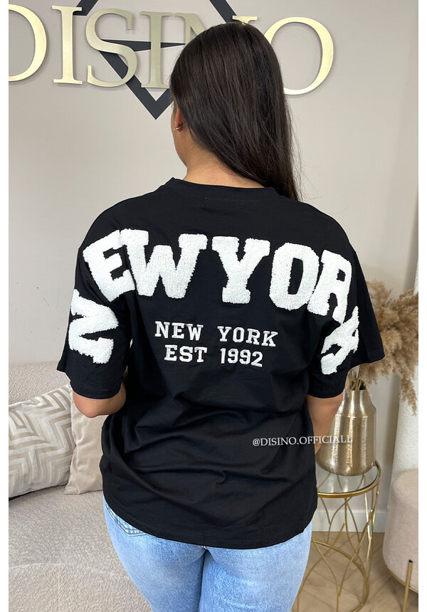 BLACK/WHITE - 'NY ON MY BACK TEE' - OVERSIZED TEDDY SLOGAN TEE NEW YORK