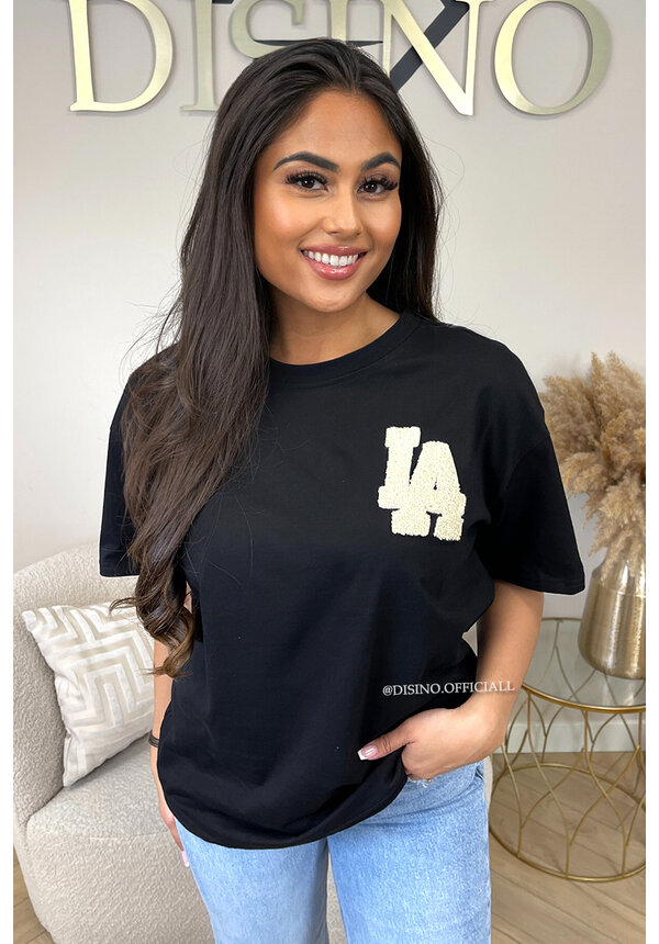 BLACK - 'LA ON MY BACK TEE' - OVERSIZED TEDDY SLOGAN TEE LOS ANGELES