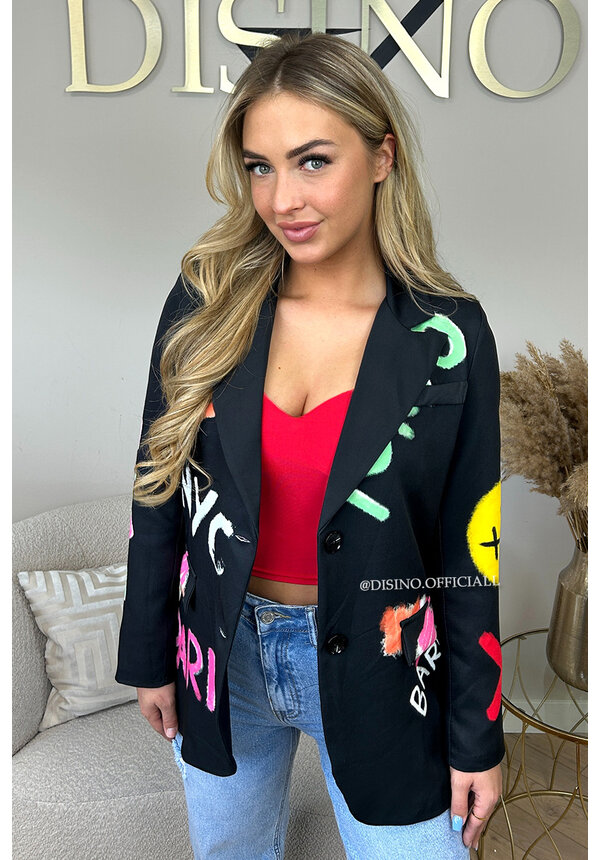 BLACK - 'SMILEY CITY BLAZER' - COLORFULL GRAFFITI BLAZER