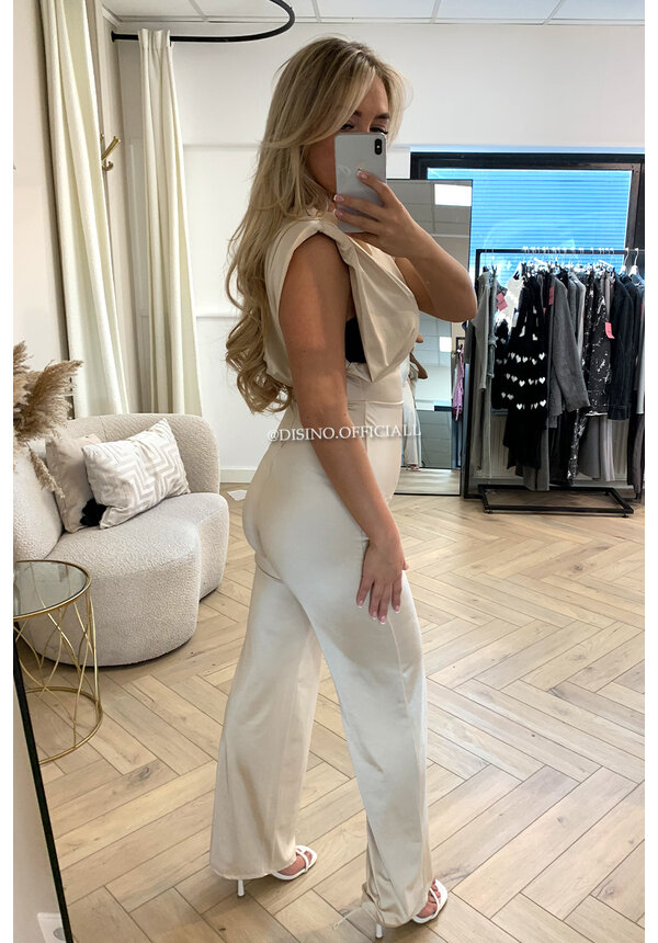 BEIGE - 'ISABELLA JUMPSUIT' - SILKY SATIN STRETCH PUFF SHOULDER JUMPSUIT