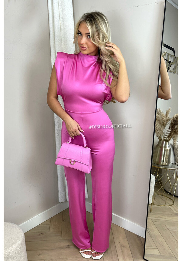 PINK - 'ISABELLA JUMPSUIT' - SILKY SATIN STRETCH PUFF SHOULDER JUMPSUIT