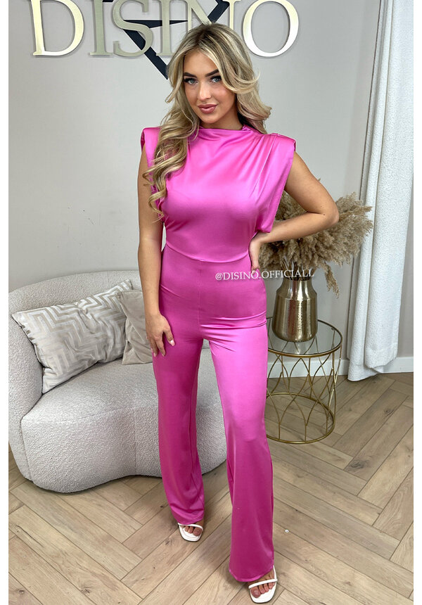 PINK - 'ISABELLA JUMPSUIT' - SILKY SATIN STRETCH PUFF SHOULDER JUMPSUIT