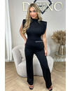 BLACK - 'ISABELLA JUMPSUIT' - SILKY SATIN STRETCH PUFF SHOULDER JUMPSUIT