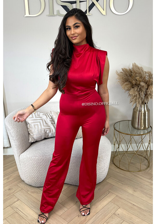 RED - 'ISABELLA JUMPSUIT' - SILKY SATIN STRETCH PUFF SHOULDER JUMPSUIT