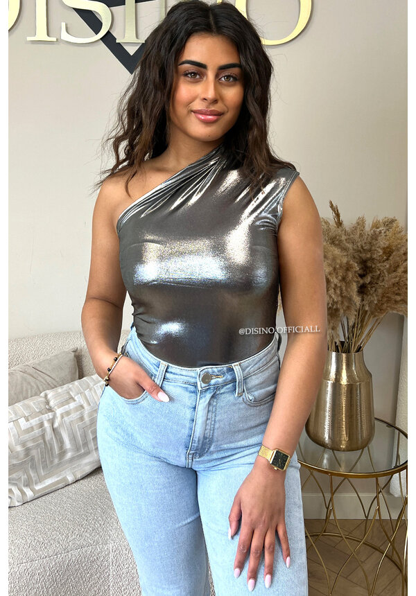 SILVER - 'SELENA BODYSUIT' - METALLIC ONE SHOULDER BODYSUIT