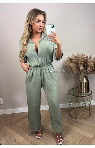 OLIVE GREEN - 'MAEVE JUMPSUIT' - MOESSELINE WAFFLE COTTON JUMPSUIT 