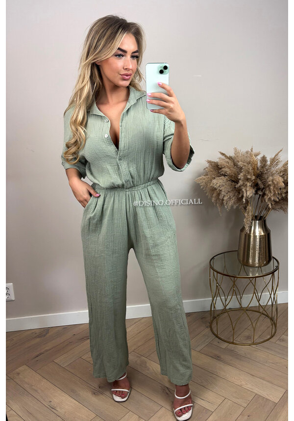 OLIVE GREEN - 'MAEVE JUMPSUIT' - MOESSELINE WAFFLE COTTON JUMPSUIT