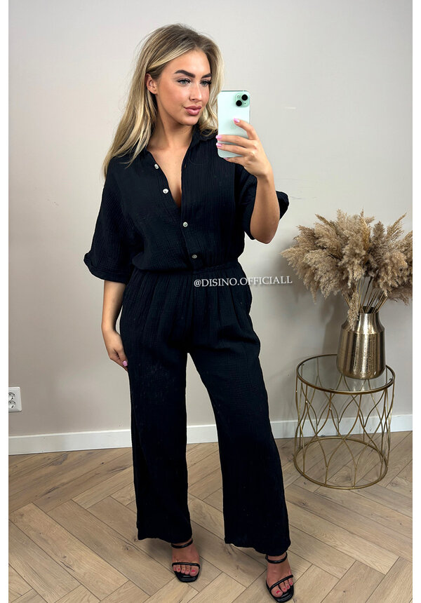 BLACK - 'MAEVE JUMPSUIT' - MOESSELINE WAFFLE COTTON JUMPSUIT