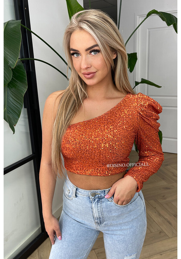 ORANGE - 'NORA' - SPARKLE ONE ARM ALL OVER SEQUIN TOP
