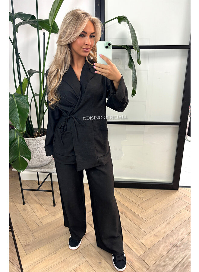 BLACK - 'ADELINE SET' - WRAP ON LINNEN TWO PIECE SET