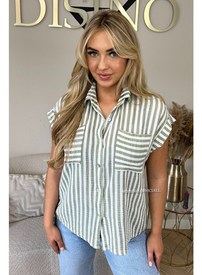 KHAKI GREEN - 'ESTHER' - STRIPED MOESSELINE COTTON SLEEVELESS BLOUSE