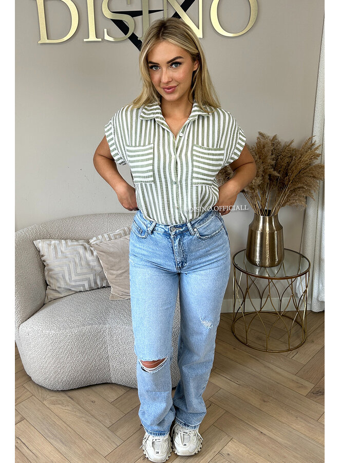 KHAKI GREEN - 'ESTHER' - STRIPED MOESSELINE COTTON SLEEVELESS BLOUSE