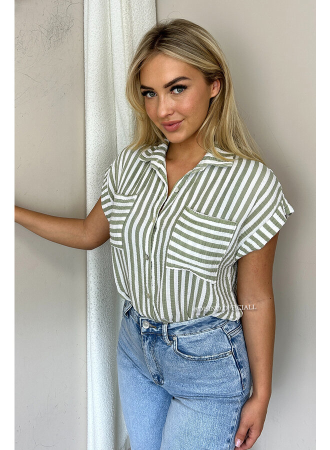 KHAKI GREEN - 'ESTHER' - STRIPED MOESSELINE COTTON SLEEVELESS BLOUSE