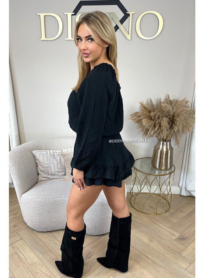 BLACK - 'TESS PLAYSHORT' - ONE SHOULDER MOUSSELINE WAFFLE COTTON PLAYSHORT