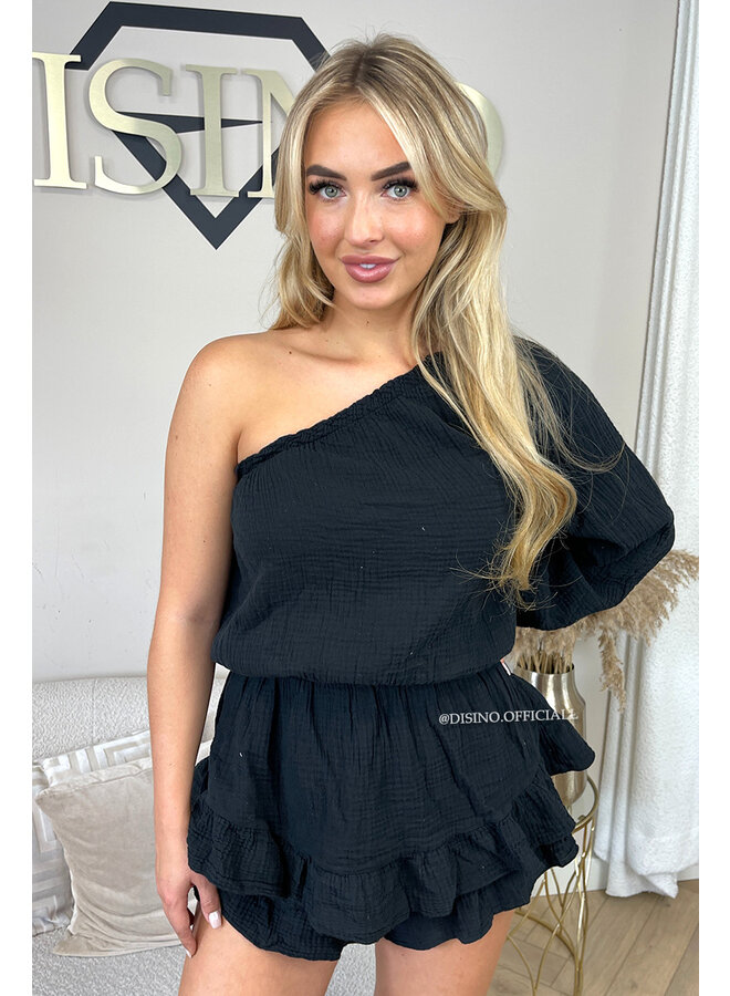 BLACK - 'TESS PLAYSHORT' - ONE SHOULDER MOUSSELINE WAFFLE COTTON PLAYSHORT
