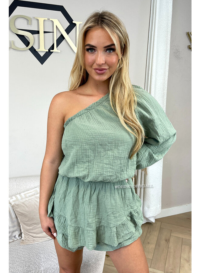 KHAKI GREEN - 'TESS PLAYSHORT' - ONE SHOULDER MOUSSELINE WAFFLE COTTON PLAYSHORT