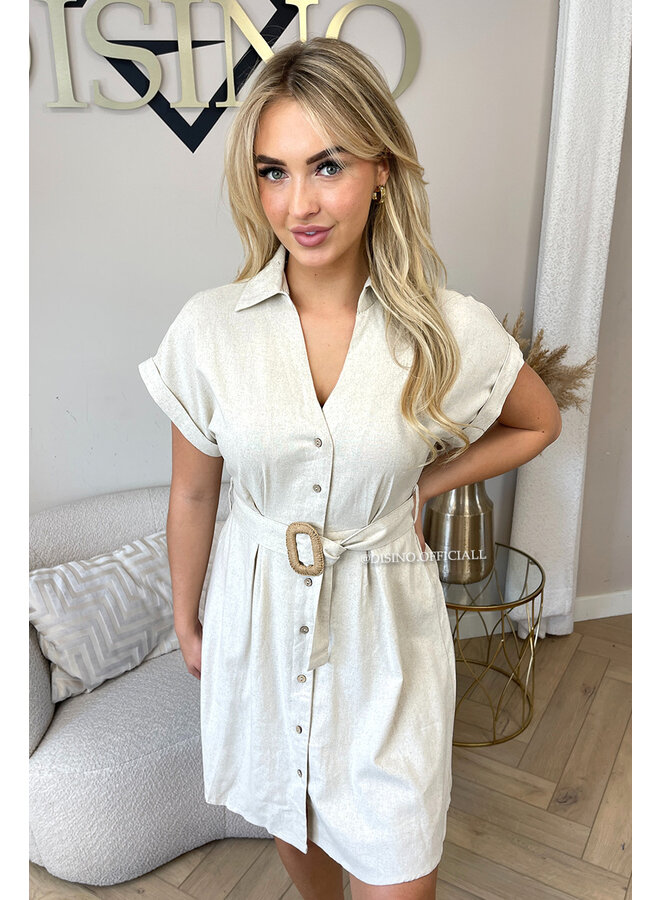 BEIGE - 'CAMILA DRESS' - CUTE BUTTON UP LINNEN DRESS