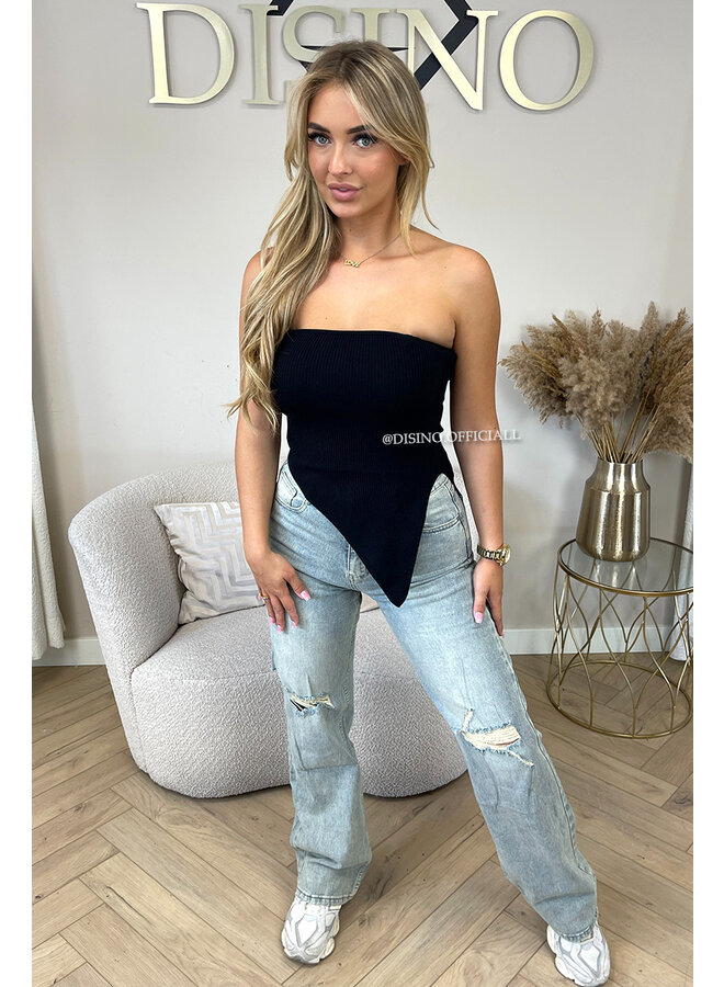 BLACK - 'VICKY TOP' - ASSYMETRIC RIBBED STRAPLESS TOP