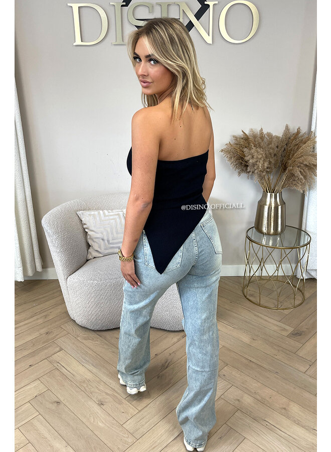 BLACK - 'VICKY TOP' - ASSYMETRIC RIBBED STRAPLESS TOP