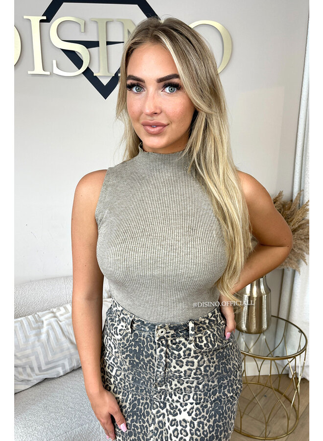 TAUPE - 'VOYEL' - TURTLE NECK SLEEVELESS RIBBED TOP