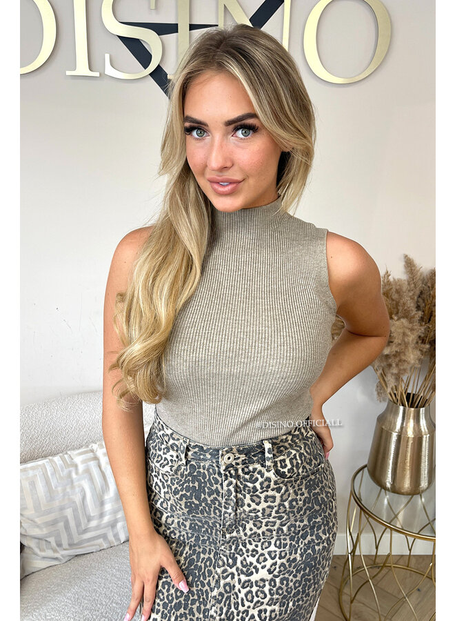 TAUPE - 'VOYEL' - TURTLE NECK SLEEVELESS RIBBED TOP