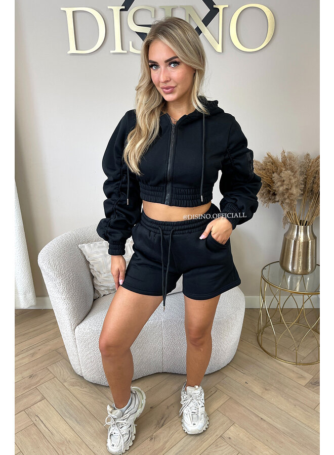 BLACK - 'DONNA SET' - RUCHED VEST + SHORT SET