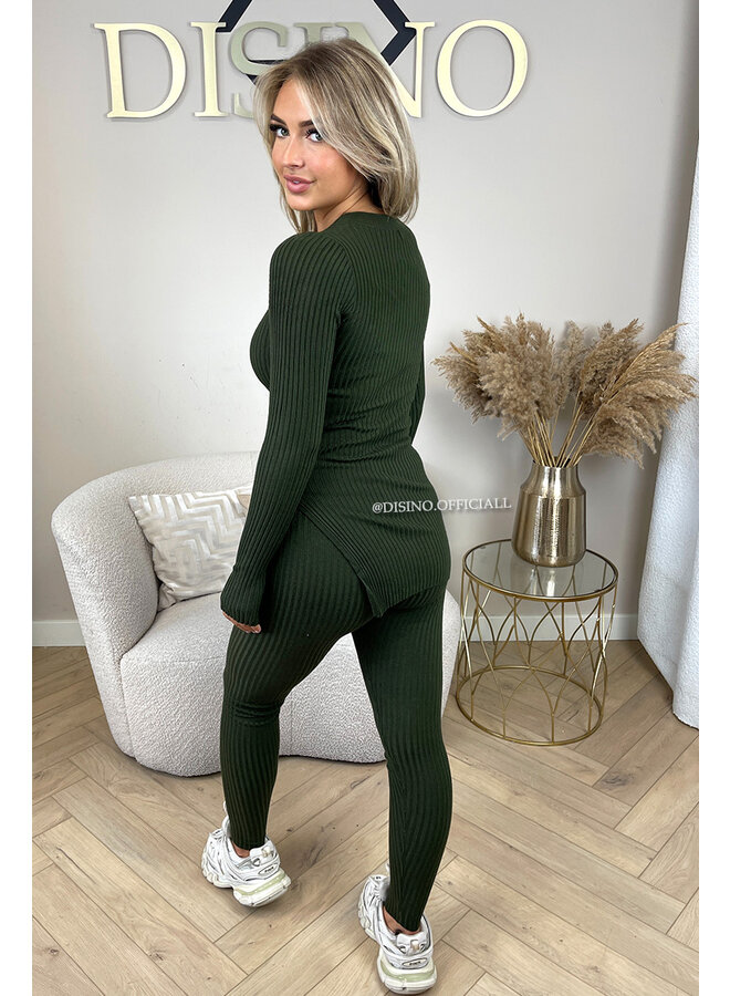 KHAKI GREEN - 'LISA' - BASIC RIBBED V-NECK TWO PIECE SET
