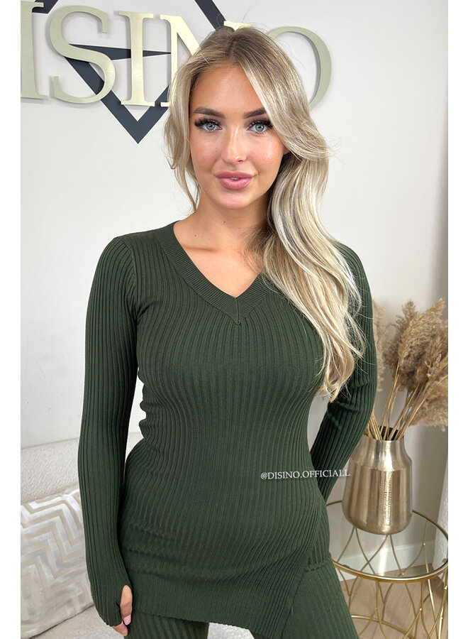 KHAKI GREEN - 'LISA' - BASIC RIBBED V-NECK TWO PIECE SET