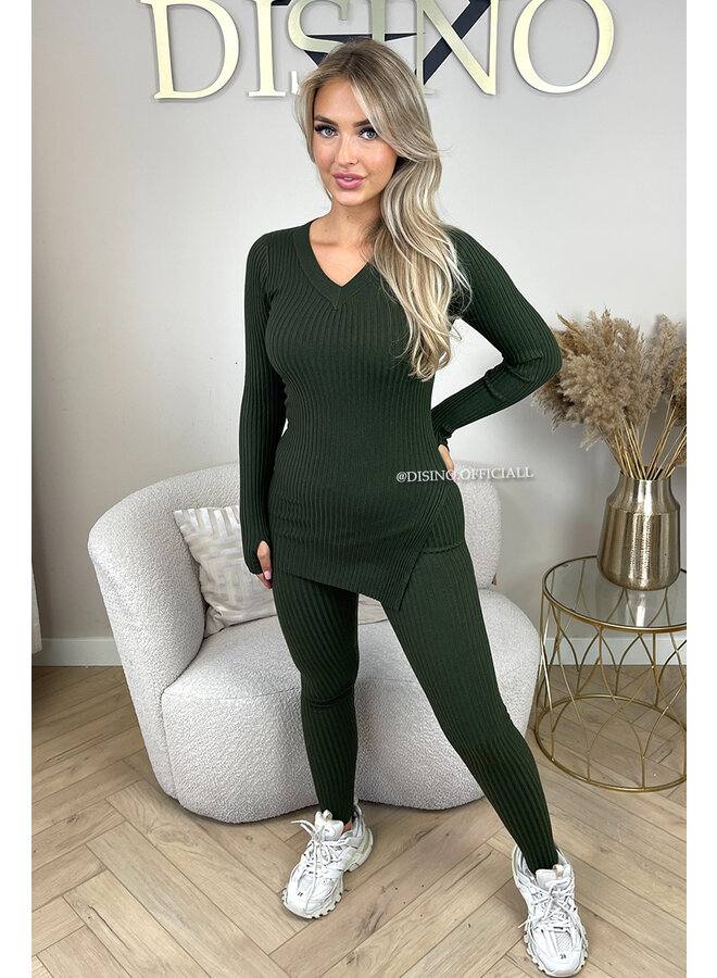 KHAKI GREEN - 'LISA' - BASIC RIBBED V-NECK TWO PIECE SET