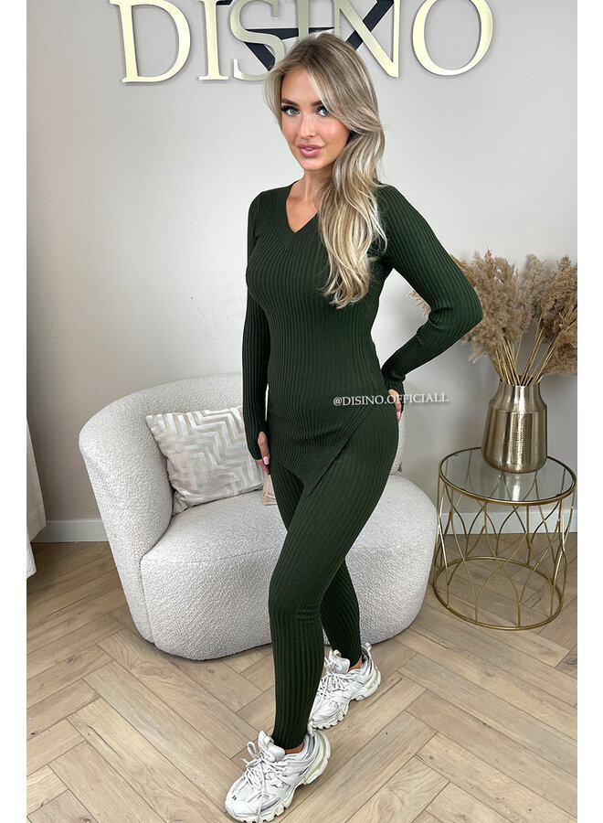 KHAKI GREEN - 'LISA' - BASIC RIBBED V-NECK TWO PIECE SET