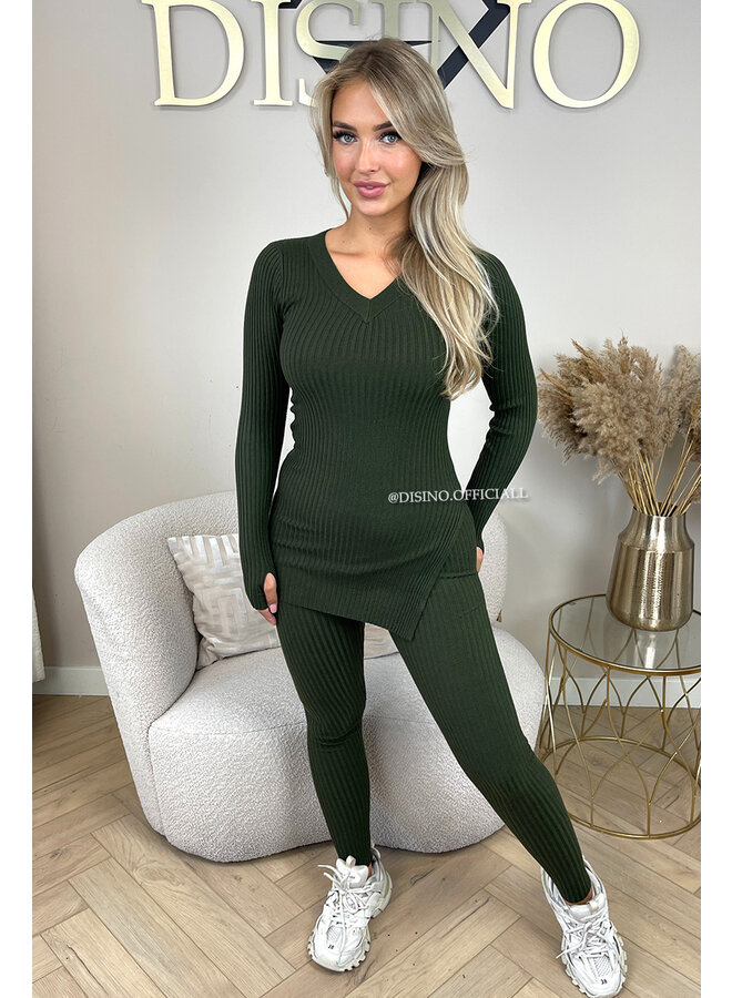 KHAKI GREEN - 'LISA' - BASIC RIBBED V-NECK TWO PIECE SET