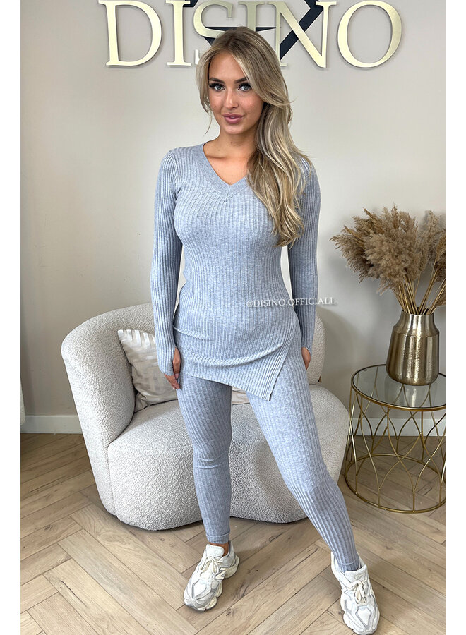 GREY - 'LISA' - BASIC RIBBED V-NECK TWO PIECE SET
