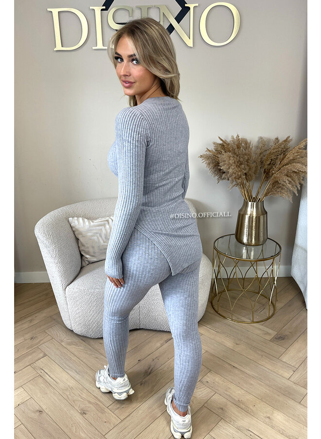 GREY - 'LISA' - BASIC RIBBED V-NECK TWO PIECE SET