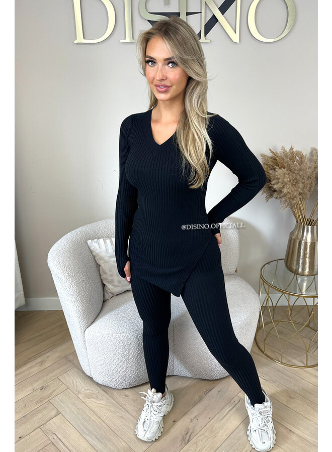 BLACK - 'LISA' - BASIC RIBBED V-NECK TWO PIECE SET