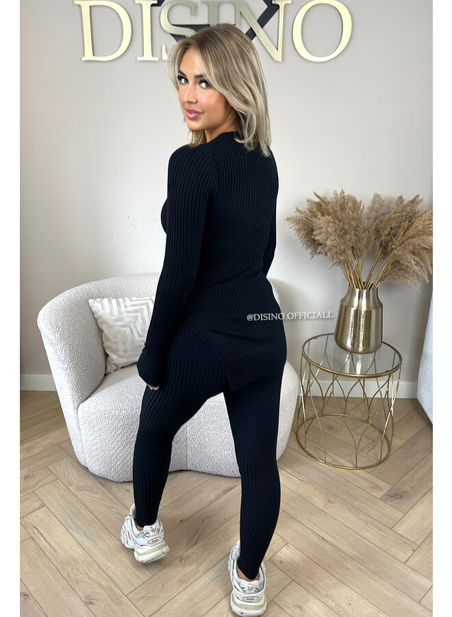 BLACK - 'LISA' - BASIC RIBBED V-NECK TWO PIECE SET