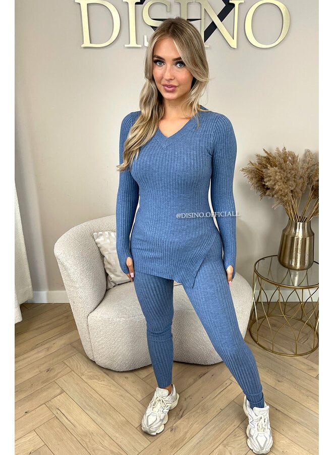 JEANS BLUE - 'LISA' - BASIC RIBBED V-NECK TWO PIECE SET