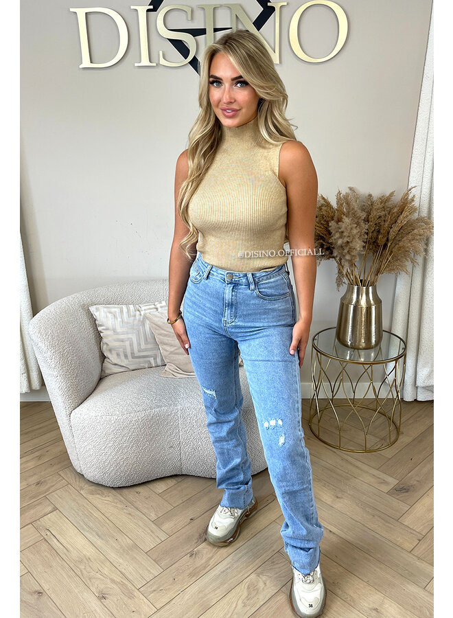 CAMEL - 'VOYEL V2' - TURTLE NECK SLEEVELESS RIBBED TOP