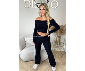 BLACK 'ELENA SET' OFF SHOULDER KNIT PANTS LOUNGE SET