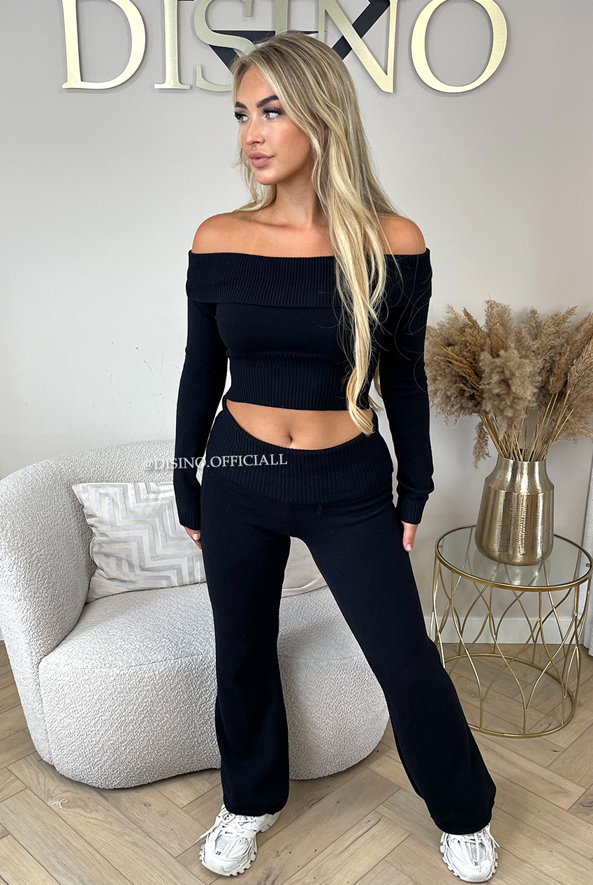 BLACK 'ELENA SET' OFF SHOULDER KNIT PANTS LOUNGE SET