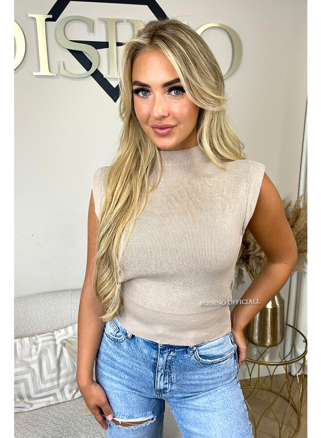 TAUPE - 'CLEO' - BOYFRIEND PUFF SHOULDER TOP