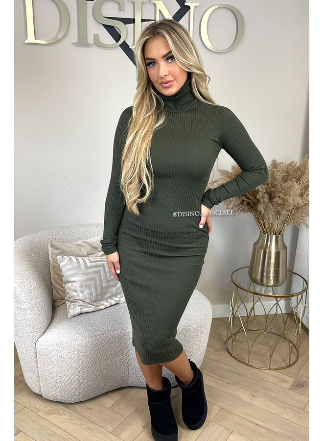 KHAKI GREEN - 'DEBBIE DRESS' - BASIC LONG RIBBED COL DRESS