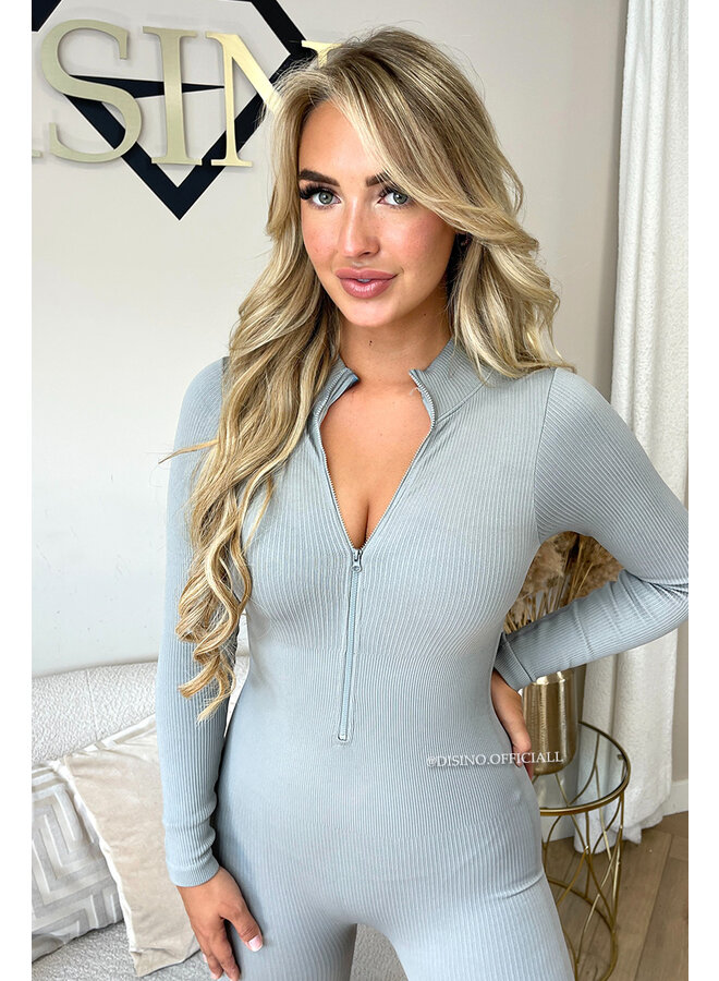 LIGHT GREY - 'TYRA' - SUPER SHAPING RIBBED ZIPPER SEAMLESS JUMPSUIT