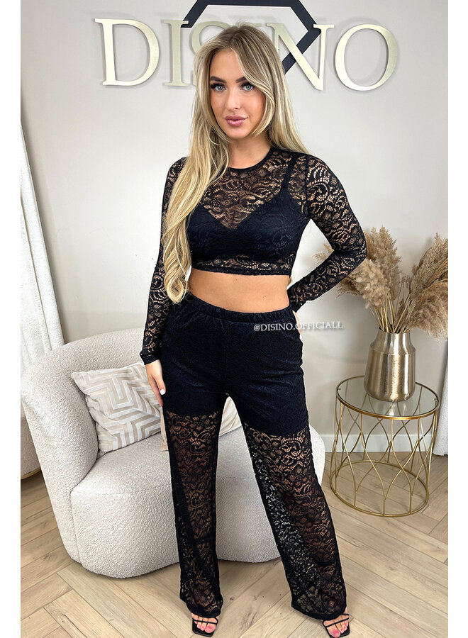 BLACK - 'LYDIA SET' - CLASSY LACE TOP + PANTS SET