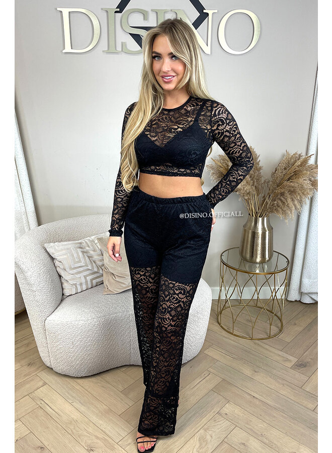 BLACK - 'LYDIA SET' - CLASSY LACE TOP + PANTS SET