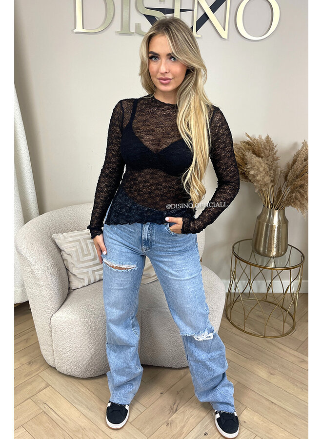 BLACK - 'LINTHE TOP' - SIDE SPLITTED STRETCH LACE TOP