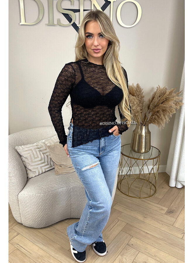BLACK - 'LINTHE TOP' - SIDE SPLITTED STRETCH LACE TOP