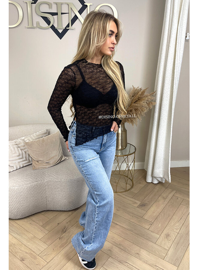 BLACK - 'LINTHE TOP' - SIDE SPLITTED STRETCH LACE TOP