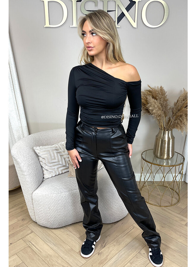 BLACK - 'NAISHA TOP' - OPEN SHOULDER RUCHED TOP